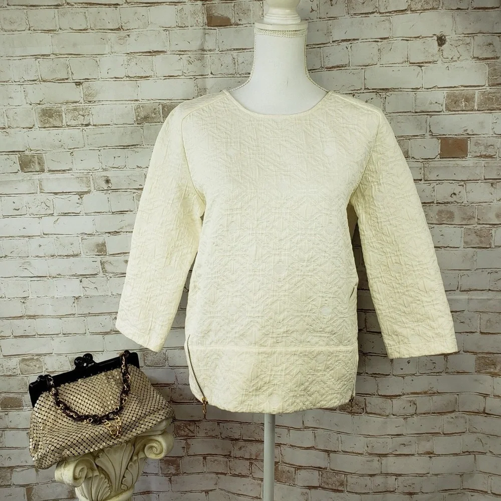 J. Crew Cream Textured Matelasse Boxy Brocade 3/4 Sleeve Zip Top